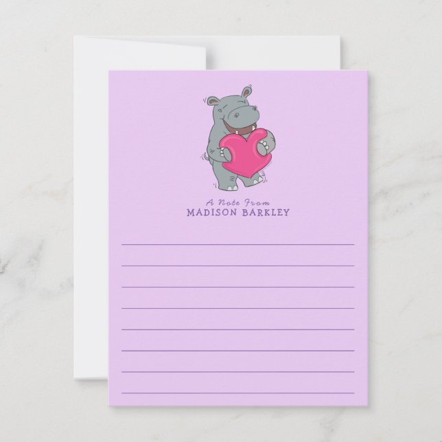 Hippo Kid's Cute Valentine's Day Stationary Card (Front)