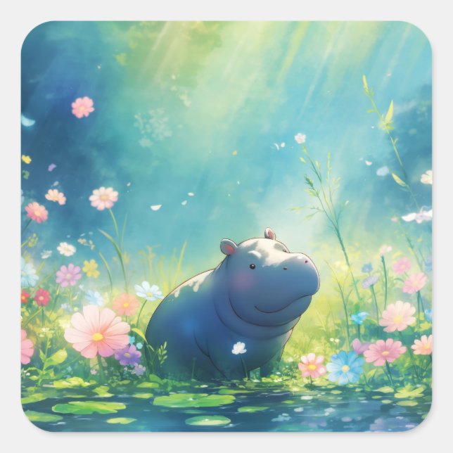Hippo Magical Pond Meadow Square Sticker (Front)