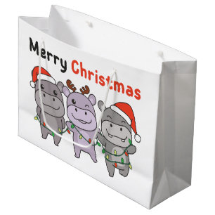 Hippo Merry Christmas Cute Dogs Holiday Large Gift Bag