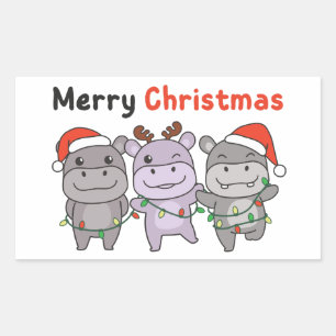 Hippo Merry Christmas Cute Dogs Holiday Rectangular Sticker