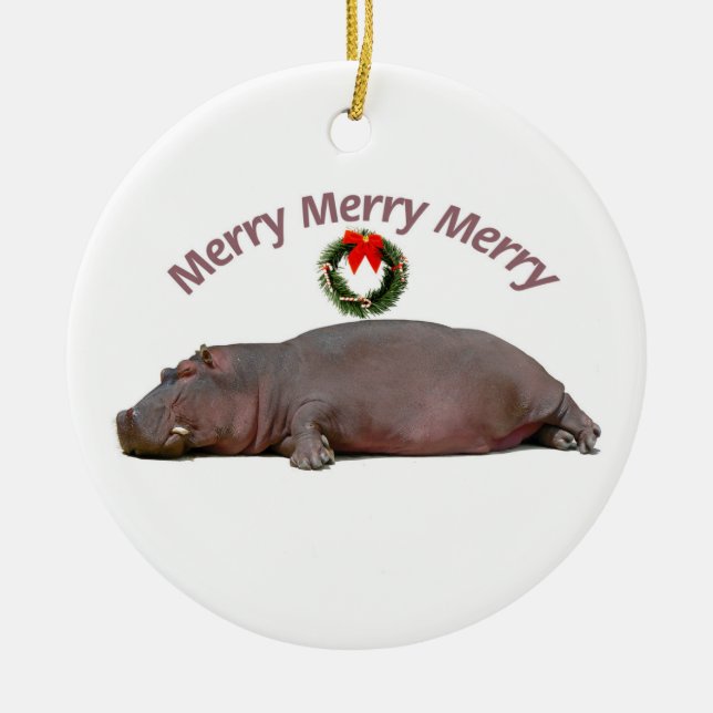 Hippo Merry Christmas Fun Ceramic Tree Decoration (Front)
