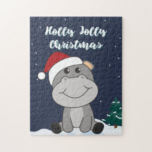 Hippo Merry Christmas Winter Animals Hippos Jigsaw Puzzle