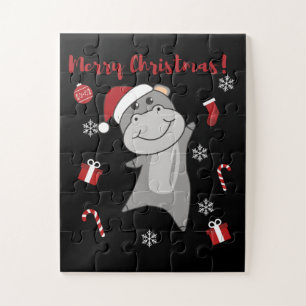 Hippo Merry Christmas Winter Animals Hippos Jigsaw Puzzle