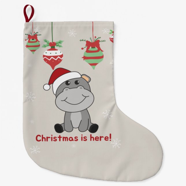 Hippo Merry Christmas Winter Animals Hippos Large  Stocking (Front)