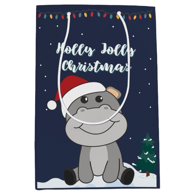 Hippo Merry Christmas Winter Animals Hippos Medium Gift Bag (Front)