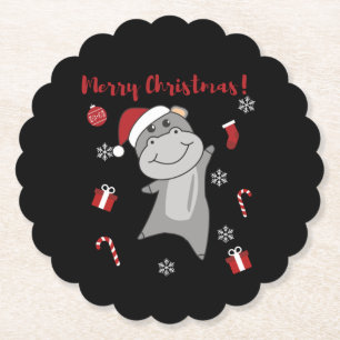 Hippo Merry Christmas Winter Animals Hippos Paper Coaster