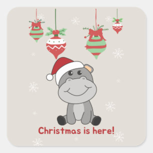Hippo Merry Christmas Winter Animals Hippos Square Square Sticker