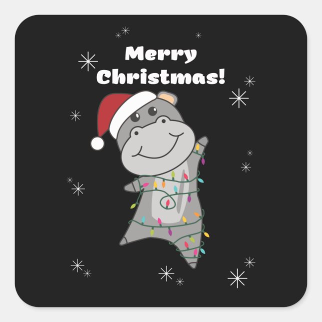 Hippo Merry Christmas Winter Animals Hippos Square Sticker (Front)