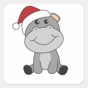 Hippo Merry Christmas Winter Animals Hippos Square Sticker
