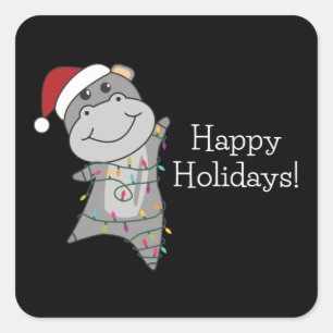 Hippo Merry Christmas Winter Animals Hippos Square Sticker