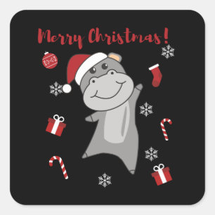 Hippo Merry Christmas Winter Animals Hippos Square Sticker