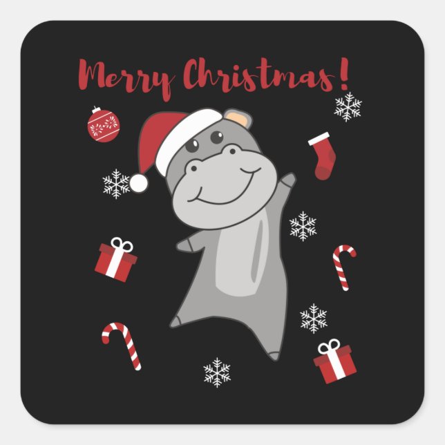 Hippo Merry Christmas Winter Animals Hippos Square Sticker (Front)
