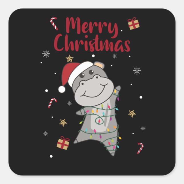 Hippo Merry Christmas Winter Animals Hippos Square Sticker (Front)