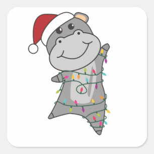 Hippo Merry Christmas Winter Animals Hippos Square Sticker