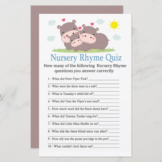 Hippo Nursery Rhyme Quiz baby shower game (Front/Back)
