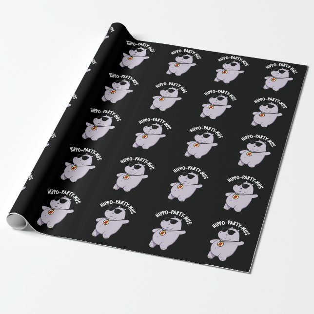 Hippo-party-mus Funny Animal Hippo Pun Dark BG Wrapping Paper (Unrolled)