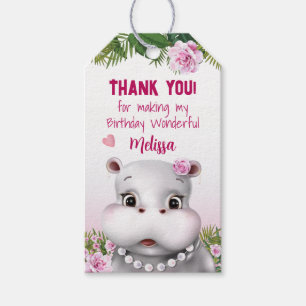 Hippo Pink Floral Birthday Thank You Gift Tags