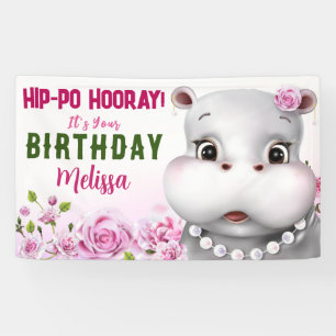 Hippo Pink Floral Girl Birthday Banner