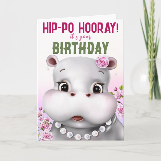 Hippo Pink Floral Girl Birthday Card (Front)