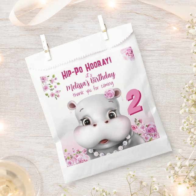 Hippo Pink Floral Girl Birthday Favour Bags (Clipped)