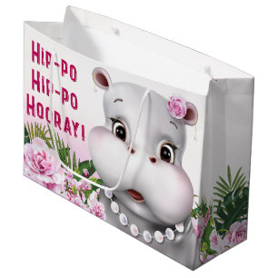 Hippo Pink Floral Girl Birthday Large Gift Bag