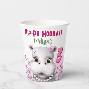 Hippo Pink Floral Girl Birthday Paper Cups
