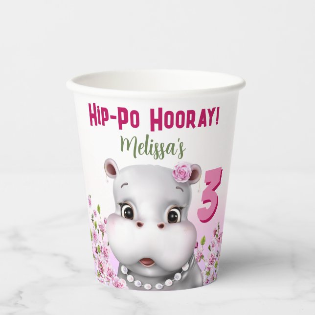 Hippo Pink Floral Girl Birthday Paper Cups (Front)