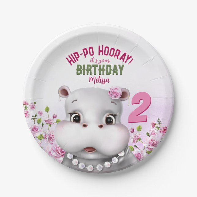 Hippo Pink Floral Girl Birthday Paper Plate (Front)