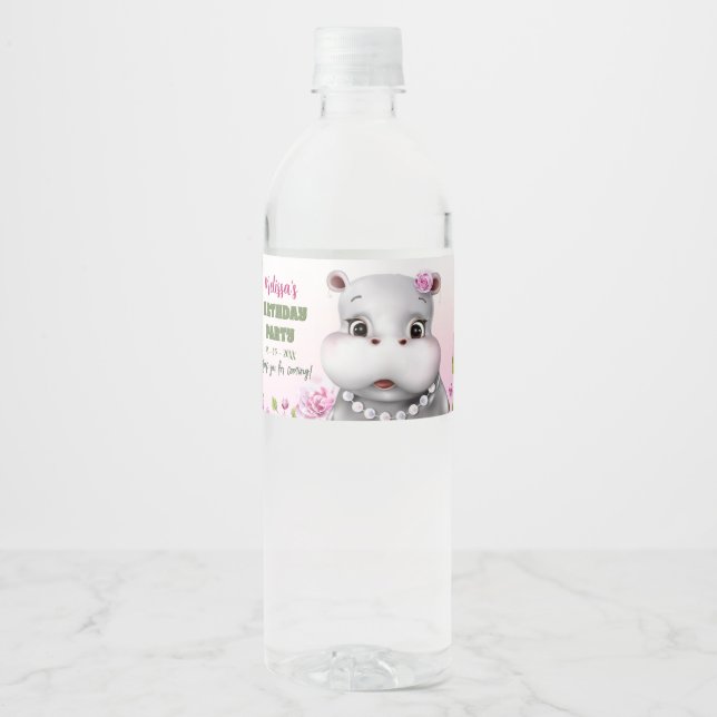 Hippo Pink Floral Girl Birthday Water Bottle Label (Front)