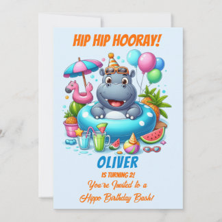 Hippo Pool Party Birthday Invitation HipHip Hooray