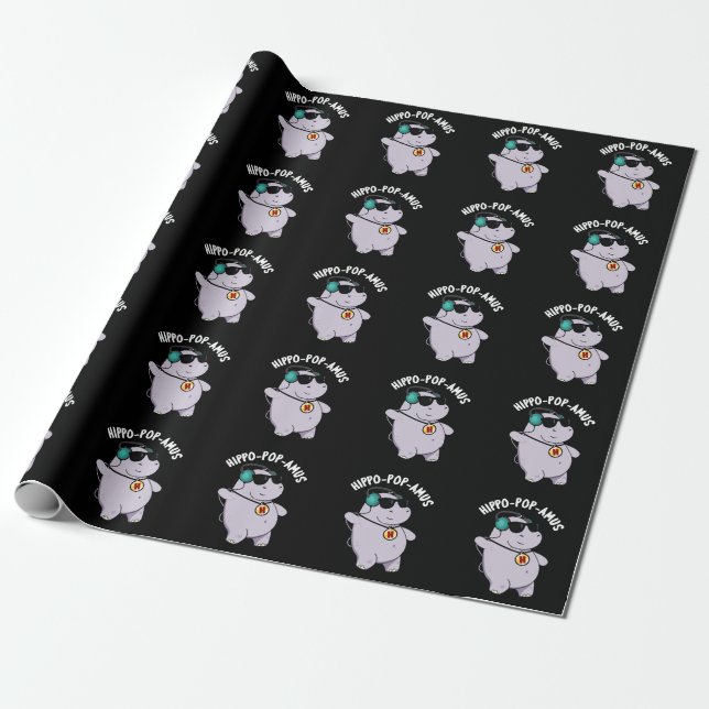 Hippo-pop-amus Funny Pop Music Hippo Pun Dark BG Wrapping Paper (Unrolled)