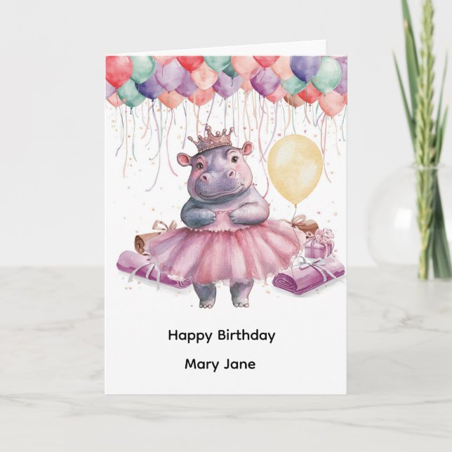 Hippo Princess with Balloon Card (Front)