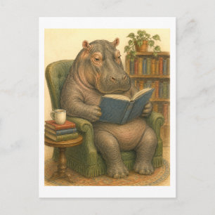 Hippo Reading a Book Illustration Postcard
