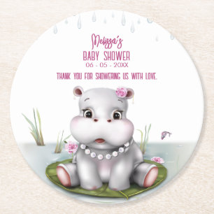 Hippo River Adventure Girl Baby Shower Round Paper Coaster