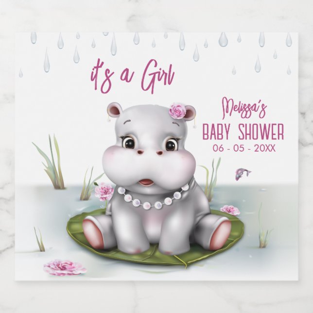 Hippo River Adventure Girl Baby Shower Sparkling Wine Label (Single Label)