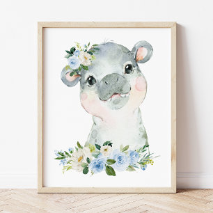 Hippo, Safari, Jungle, Blue Flowers, Boy Nursery Photo Print
