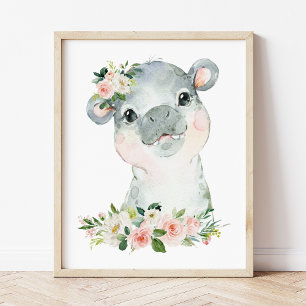 Hippo, Safari, Jungle, Pink Flowers, Girl Nursery Photo Print