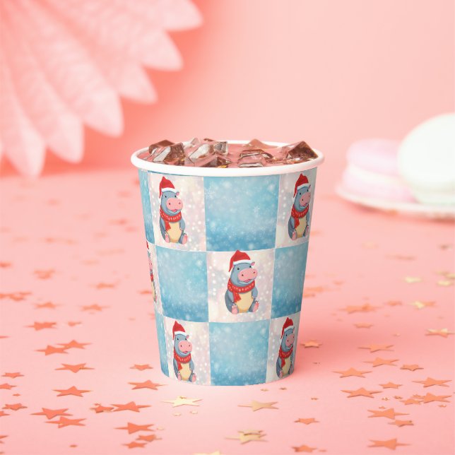 Hippo Santa Happy Merry Christmas check pattern Paper Cups (Insitu)