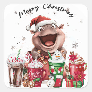 Hippo Santa Holiday Cheer Button Square Sticker