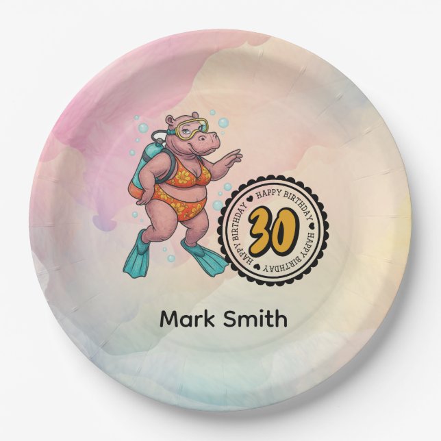 Hippo scuba diver 30th Birthday  Paper Plate (Front)