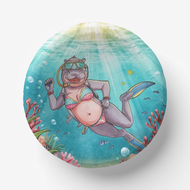 Hippo Scuba diver underwater  Paper Plate (Front)