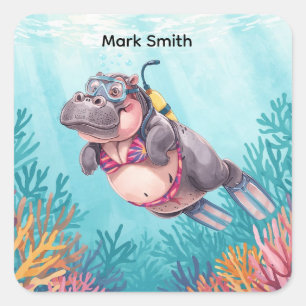 Hippo Scuba diver underwater Square Sticker