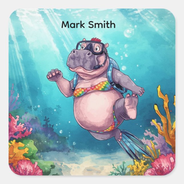 Hippo Scuba diver underwater  Square Sticker (Front)