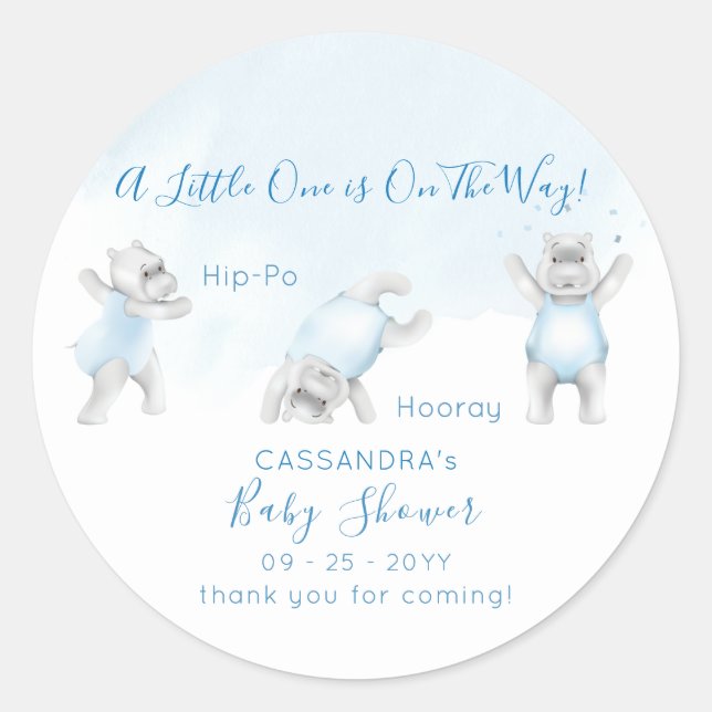 Hippo Somersault Baby Boy Shower Classic Round Sticker (Front)