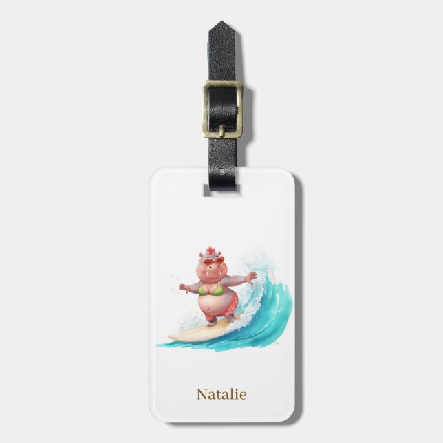 Hippo Surfer on Surf Board Luggage Tag (Front Vertical)
