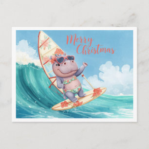 Hippo Surfer on Surf Board on Christmas Holiday Postcard