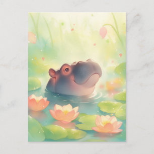 Hippo Swimming in Pink Water Lily Pond Postcard