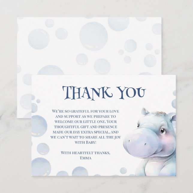 Hippo Themed Baby Shower  Thank You Card (Front/Back)