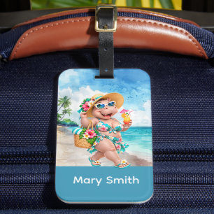 Hippo walking on the beach with drink luggage tag