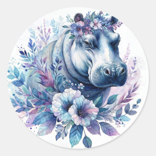 Hippo Watercolor Floral Art Classic Round Sticker